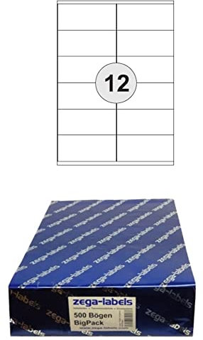 6.000 Etiketten 105 x 48 mm selbstklebend auf DIN A4 Bögen (2x6 Etiketten) - 500 Blatt Bigpack - Universell für Laser/Inkjet/Kopierer einsetzbar