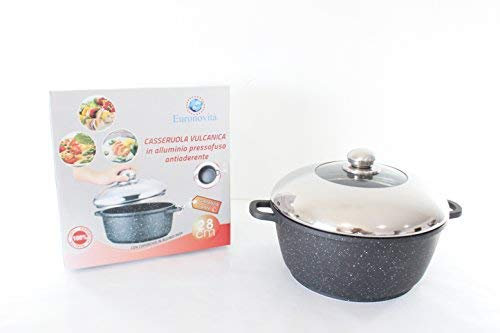 Euronovità EN-20765 Padella Casseruola pietra nera 28 cm rivestimento in pietra lavica antiaderente con coperchio in vetro