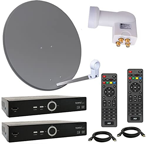 netshop 25 HD Sat Anlage 80 cm Spiegel + Opticum Quad LNB für 4 Teilnehmer + 2 Stück HD SAT Receiver (3 Farben wählbar)