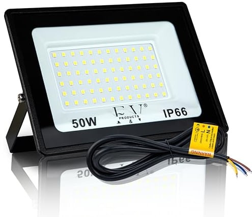F&V PRODUCTS Faretto LED da Esterno 50W, Luce Bianca Fredda 6500K, 5000 Lumen, Cavo 1 M, IP66, IK08, Alluminio e Vetro Temperato, Faro LED 220V per Illuminazione Esterna, Giardino, Garage, Facciate
