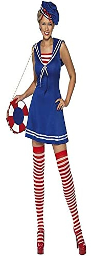 Smiffys Matrosen-Kostüm, Kleid, Baskenmütze und Strümpfe, Blau, Größe L