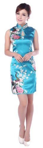 JTC Femme Cheongsam Qipao Robe Courte Chinois Motif de Paon et Fleur en Soie-bleu (34-36/Asie M)