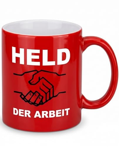 Held der Arbeit Tasse Rot 0,3l - Keramikbecher Spülmaschinenfest | Kaffeebecher inklusive Ostalgie Rezeptbuch und Geschenkkarte. Kult-Design Made in Germany.