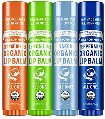 Dr. Bronner's Organic Lip Balm 4 Pack Naked Peppermint Lemon Lime Orange Ginger