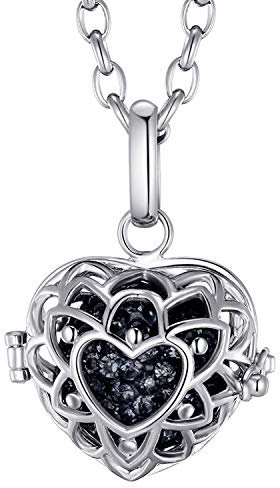 Morella Damen Halskette Edelstahl 70 cm mit Herzform Anhänger und Klangkugel Zirkonia schwarz Ø 16 mm in Schmuckbeutel