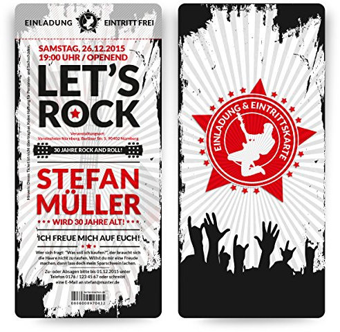 Kartenmachen.de Individuelle Geburtstag Einladungskarten Rock and Roll selbst gestalten, ab 10 Stück Menge wählbar, Dickes Papier Eintrittskarten Tickets mit echtem Abriss