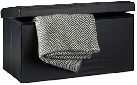 Relaxdays Folding Storage Bench Large Seat, Faux Leather, 38 x 78 x 38 cm, Foldable Footstool Ottoman with Removable Lid, Black