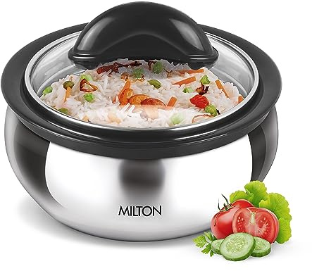 Milton Casserole with Glass Lid 1780 ml (60 oz) for Hot Food, Insulated Hot Pot, Stainless Steel, Serving Box (bowl, dish) for Food and Roti, Clarion 2000