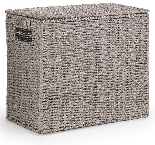 EHC Multi-Purpose Handwoven Slimline Paper Rope Bathroom Storage Unit, Toilet Roll Paper Cabinet, Compact Storage Box, Multi-Purpose Cleaning Caddy With Inbuilt Handles & Lid, Grey, 35 x 18 x 30 cm