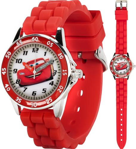 Disney CZ1009 Montre Ronde avec Bracelet en Caoutchouc Rouge Motif Cars Flash McQueen, Rouge, Montre Enfant décontractée