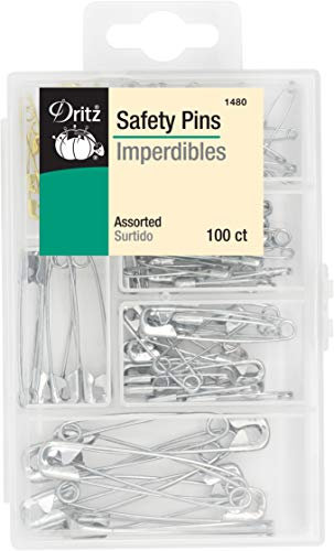 Dritz 1480 Assorted Safety Pins with Storage Box Sicherheitsnadeln mit Aufbewahrungsbox aus Kunststoff, Sortiert, 100 Stück, Vernickelter Stahl und Messing, Verschiedene Größen