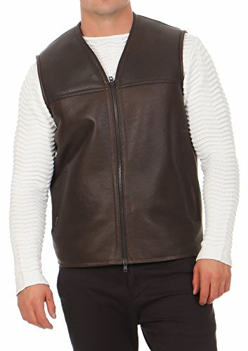Hollert German Leather Fashion Lammfellweste - FIRMINIUS ohne Kragen Herren Weste Lederweste Fellweste Größe XXL, Farbe Espresso