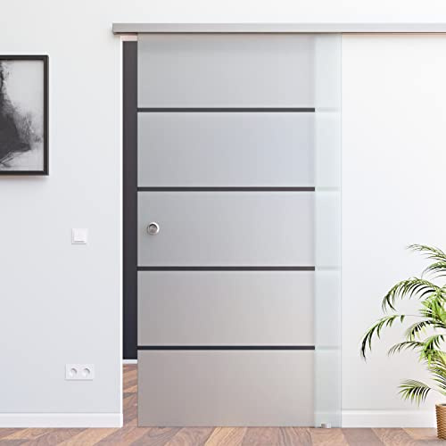 SlimLine SoftClose (Selbsteinzüge) Glasschiebetür [Komplett-Set] Glasmaß: 775 x 2175 mm, 8 mm ESG (Einscheibensicherheitsglas), Dekor P1: matt + klare Streifen, Griffmuschel BP1-775-2-ASE
