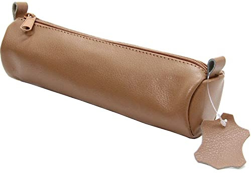 ALASSIO 43016 Schlamperrolle aus echtem Leder, Stiftetui natur, Schlamper ca. 21 x 6 cm, Schlampermäppchen rund, Etui für Schreibgeräte, Faulenzer mit Reißverschluss