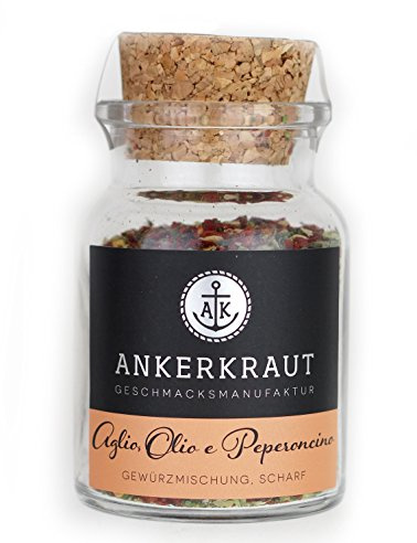 Ankerkraut Aglio e Olio Peperoncino, für Original italienische Spaghetti, Pasta kochen, Allrounder für Nudeln, leicht scharf mit Chili, Gewürz Kräuter für Küche, 65 g im Korkenglas