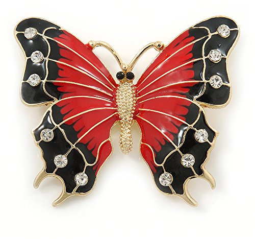 Avalaya Broche papillon en émail rouge/noir et cristal en ton doré – 55 mm L