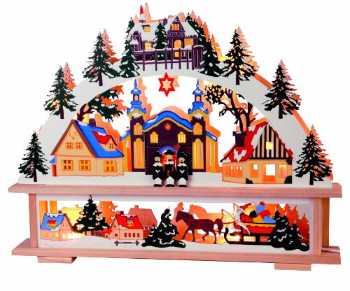 Star Fensterleuchter Deutsche Weihnacht Motiv: Kirche/Stadt, 7-flammig, Material: Holz, 35 x 45 cm Vierfarb-Karton, natur/bunt 270-19