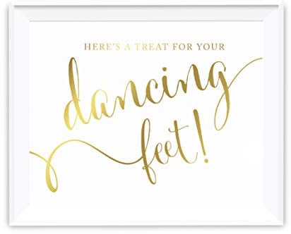 Andaz Press Wedding Party Signs, Metallic Gold Ink Print, 8.5-inch x 11-inch, Here's a Treat for Your Dancing Feet! Flip Flop Sandals High Heels Shoes Dance Floor Recption Sign, 1-Pack