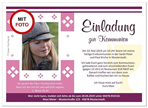 Einladungskarten für Kommunion Kind Mädchen, mit Foto (auch ohne) lustig und originell - Text ändern, 10 Stück, Format 17 x 12 cm