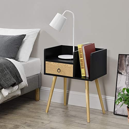 Table de Nuit avec Tiroir et 2 Surfaces de Stockage Chevet Commode Panneau de Particule Bois Pieds en Pin 64x50x36 cm Noir Effet Bois
