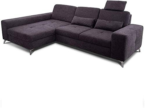 CAVADORE Ecksofa Bali / Trendige Sofaecke mit Longchair links & Federkern / Inkl. Sitztiefenverstellung, Kopfstütze & Nierenkissen / 286 x 92 x 176 / Flachgewebe: Dunkelgrau
