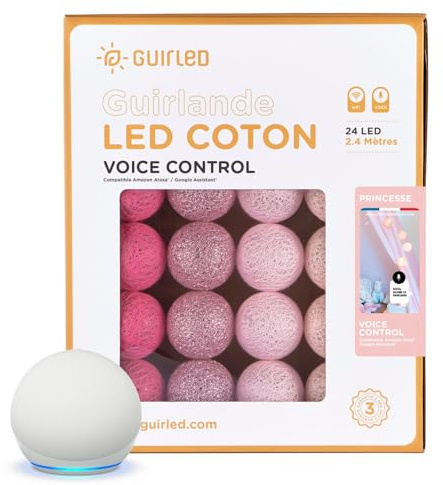 GuirLED - LED Baumwollkugeln Lichterkette WIFI USB - Sprachsteuerung - Connected Home - Amazon Alexa & Google Assistant - 2xUSB-Netzadapter enthalten - 24 Kugeln 2,4m - Prinzessin