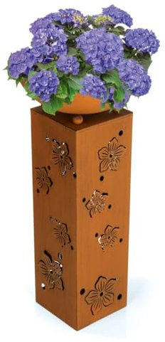 Hoberg LED Pflanzsäule 3D Blumen-Design in Rost-Optik | Abnehmbare Pflanzschale (Ø 34cm) In- & Outdoor geeignet | Integrierte Beleuchtung, 6h Timer, kabellos & witterungsbeständig [19 x 19 x 72 cm]