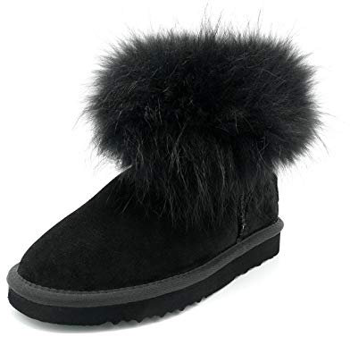 OOG Damen Leder Schlupfstiefel Winter Boots Schneestiefel Outdoor rutschfest Winterschuhe Warm Gefüttert (0541Black, Numeric_39)