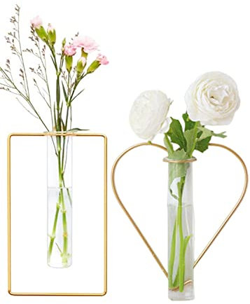 yaocoral nordische Wandvase, zum Aufhängen, geometrische goldene Blumenvase, Wandhalterung, Metallrahmen, Vasen, Hydrokulturglas, Knospenvase, Dekoration für Zuhause, Hochzeit, Bauernhaus, 2 Stück
