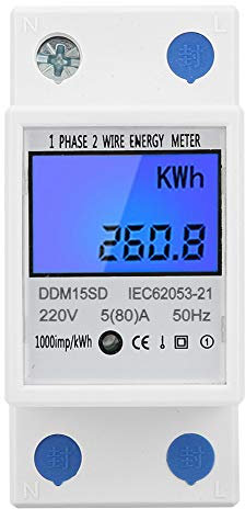 Contador Electrico, Contador de Energía Digital, Contador Eléctrico Monofásico, 5-80A DDM15SD Pantalla Digital Medidor de EnergíA MonofáSico de Carril DIN Monofásico con Retroiluminación LCD