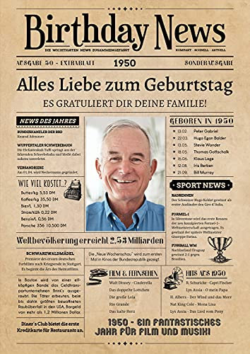 PRINTALA Geburtstagszeitung - personalisiert mit Deinem Text & Foto | Jahrgang nach Wahl | Posterdruck (1950)