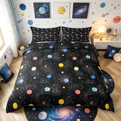Loussiesd Galaxy Duvet Cover Set 3Pcs Single Size Reversible Planet Bedding Out Space Comforter Cover for Kids Boys Girls Bedding & Linen Room Decoration