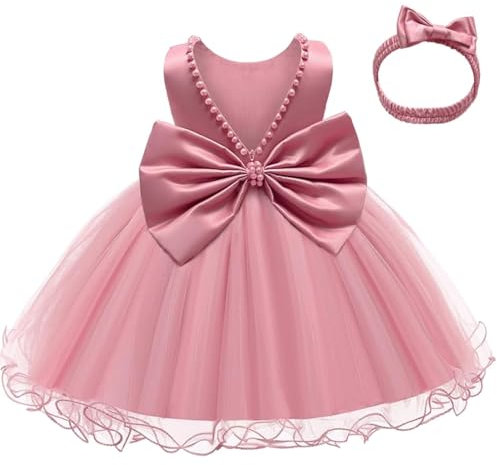 LZH Baby Girls Ruffle lace Backless with Headwear,Christening Dresses for Baby Girl Party Dress,Toddlers Pageant Dresses Pink