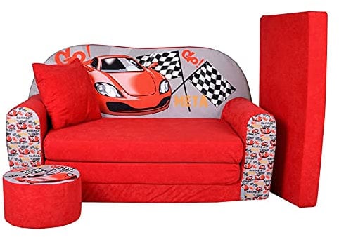 FORTISLINE - Kindersofa ausklappbar 100x60x50 cm - Kindersofa für Kinder 2in1 - Kindercouch ausklappbar - 2-Sitzer - Schlafcouch aus Schaumstoff + Hocker + Kissen - Viele Motive