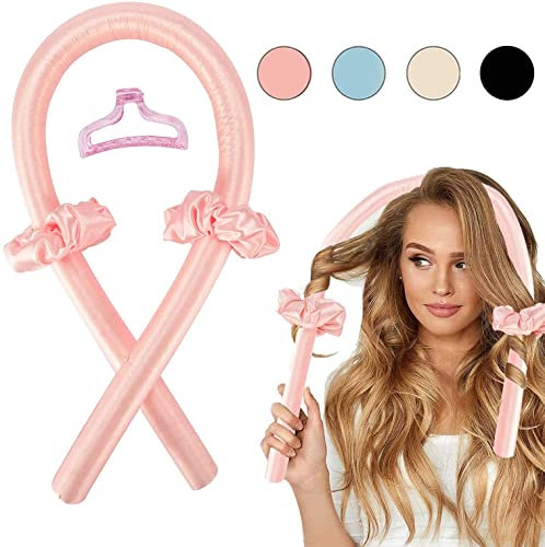 Heatless Curls Band Lockenwickler über Nacht ohne Hitze für lange Haare | Curler Haarband Weich zum Schlafen für große Locken SET inkl. 2x Haargummi + 1x Haarklammer (Rosa)