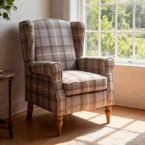 Chusstang Retro Accent Chair, Wingback Tartan Armchair Soft Padded, Retro Check Leisure Chair, Fabric Lounge Padded Sofa Chair for Living Room Bedroom - Brown
