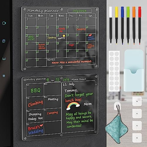 Magnetic Acrylic Calendar for Fridge,2 Pack 11x15 Clear Fridge Calendar Dry Erase Magnetic Planning Boards Set for Refrigerator with 8 Colorful Highlight Markers