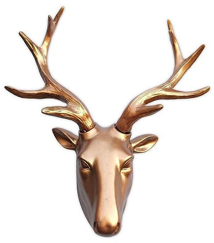 JoyEvy Hirschkopf-Wanddekoration, Wandskulptur, Kunstharz, Bronze, Hirschkopf, Goldgeweih, künstlicher Totenkopf, handgefertigt, Wandkunst, zum Aufhängen, rustikales Tierhaus, Dekoration, Zuhause