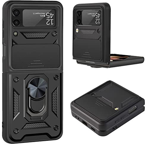 HAOYE Hülle für Samsung Galaxy Z Flip 3 (Z Flip3) 5G, Handyhülle mit 360 Grad Finger-Halter Kickstand und Verschiebbare Kameraabdeckung, TPU + PC Schutzhülle Case. Schwarz