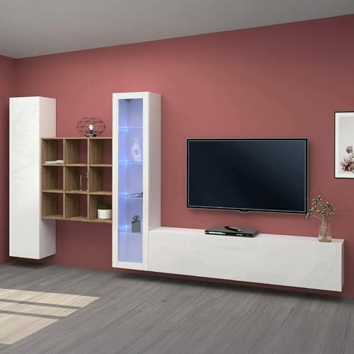 Dmora - Wohnzimmermöbel Emilio, Wohnzimmer-Set TV-Möbel mit 3 Türen, Mehrzweck-Wohnmöbel mit Vitrine und LED-Licht, 100% Made in Italy, cm 310x30h180, Hochglanz weiß und Ahorn