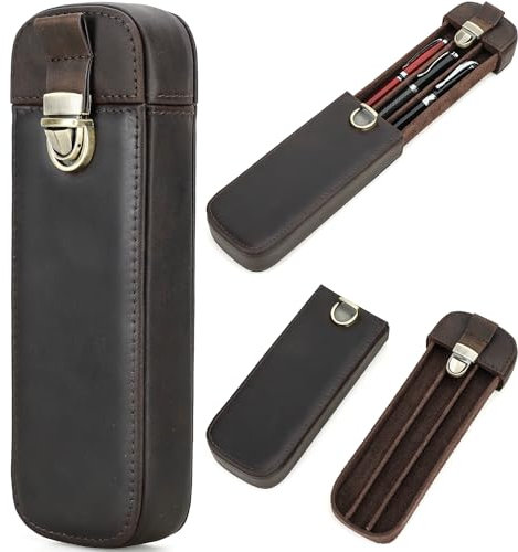 CataPurus Top Grain Genuine Leather 3 Fountain Pen/Pencil Tray Case Holder, Handmade Minimalist Design, Brass Plug-in Lock with Drawer Design, Gift Choice for Man/Woman/Office, Matte Coffee, 3 Slots