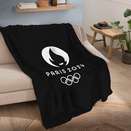 Jeux Olympiques Paris 2024 Plaid imprimé 125x150 cm Jeux Olympiques Premium | Oeko-TEX | Grand Plaid Polaire | Noir