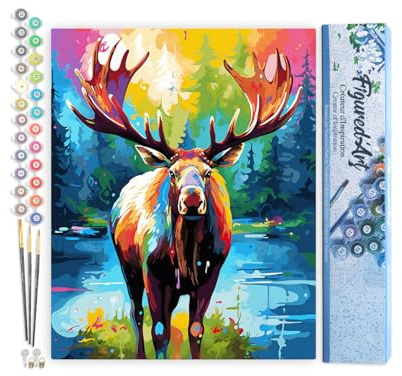 Figured'Art Malen Nach Zahlen Erwachsene Elch Farbenfroh Abstrakt - Paint by Numbers Basteln DIY Bastelset 40x50cm ohne Holzrahmen