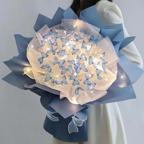 CHENRI DIY Butterfly Bouquet Gift Kit Set, 33 Kreativer Schmetterlingsstrauß, DIY Künstlicher Blumenstrauß mit Licht, Blumenstrauß Zubehör DIY Blumen Unvollendete Material Kit für Valentinstag (Blau)