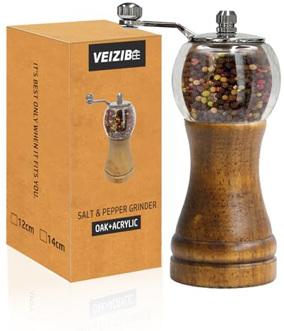 Pepper Mills, Salt and Pepper Grinder Set Classical Wooden Roast Black Manual Pepper Grinder, Ceramic Grinder Core, Manual Mill for Salt Pepper Spices Mills with Adjustable Coarseness (Black-1pcs-6in)