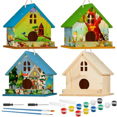 Juexica 4 Pack Birdhouse Kit DIY Wooden Bird House with Paint and Paintbrushes Art and Craft Painting Kits for Boys Girls Adults Build Paint Fun Classroom Birthday Indoor Outdoor Craft (Fresh)