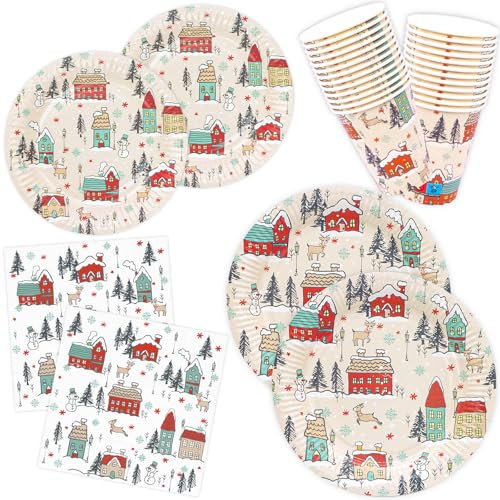 Weihnachten Pappteller Servietten und Pappbecher Partygeschirr 100er Set Weihnachtsdorf Weihnachtsteller Weihnachtsservietten Weihnachtsbecher