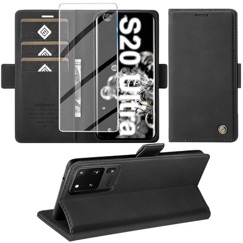 Giyer Handyhülle für Samsung Galaxy S20 Ultra 5G Hülle mit Schutzfolie, Schutzhülle Galaxy S20 Ultra Leder Wallet Flip Case Standfunktion Kartenfach Klapphülle für Samsung S20 Ultra Cover (Schwarz)