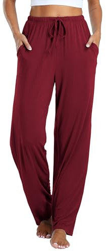 Vlazom Damen Schlafanzughose Modal Lang Weich Loungehose Freizeithose Yogahose Nachtwäsche Hosen mit Taschen Pyjamahose mit geradem Beinil(M,Weinrot)
