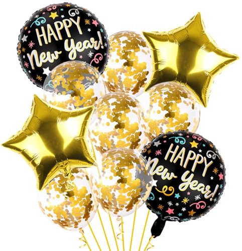 DazzJoy Silvester Deko 2025 Luftballons Schwarz Gold, 10 Stück Happy New Year Ballon, Luftballon Silvester Party Set, Neujahr Helium Ballons für Silvesterparty, New Year Decoration